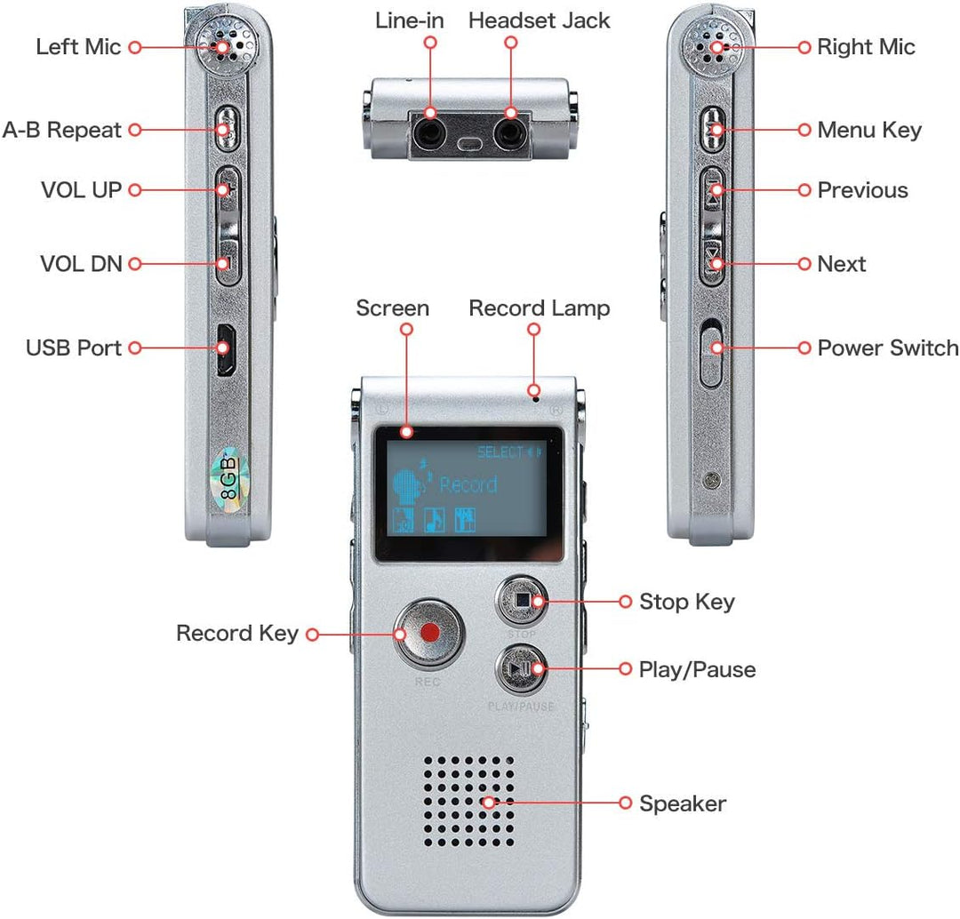 Digitales Diktiergerät,COVVY 8GB Audio Aufnahmegerät,Digitaler Voice Recorder mit Spracherkennung fü