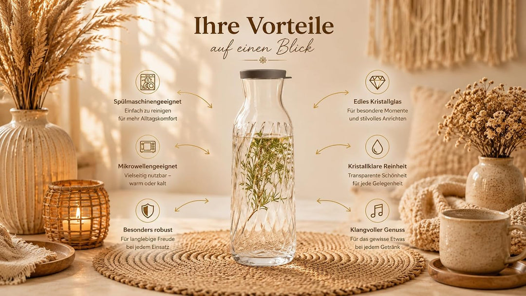Geriffelte Glas-Karaffe Fonte 1,2L mit Silikondeckel – elegante Trinkkaraffe &amp; stilvoller Vase – ide