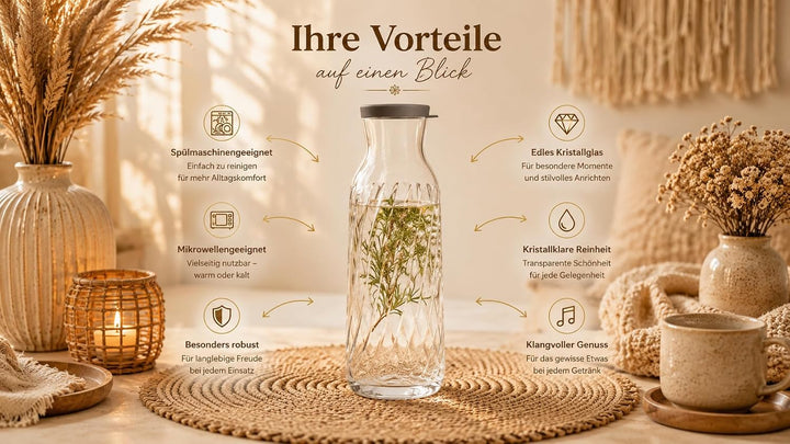 Geriffelte Glas-Karaffe Fonte 1,2L mit Silikondeckel – elegante Trinkkaraffe &amp; stilvoller Vase – ide