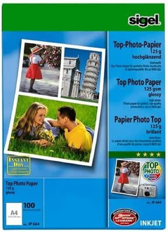 SIGEL IP664 InkJet Fotopapier Top, A4, 100 Blatt, hochglänzend, hochweiss, 125 g 100x 1seitig, 100x