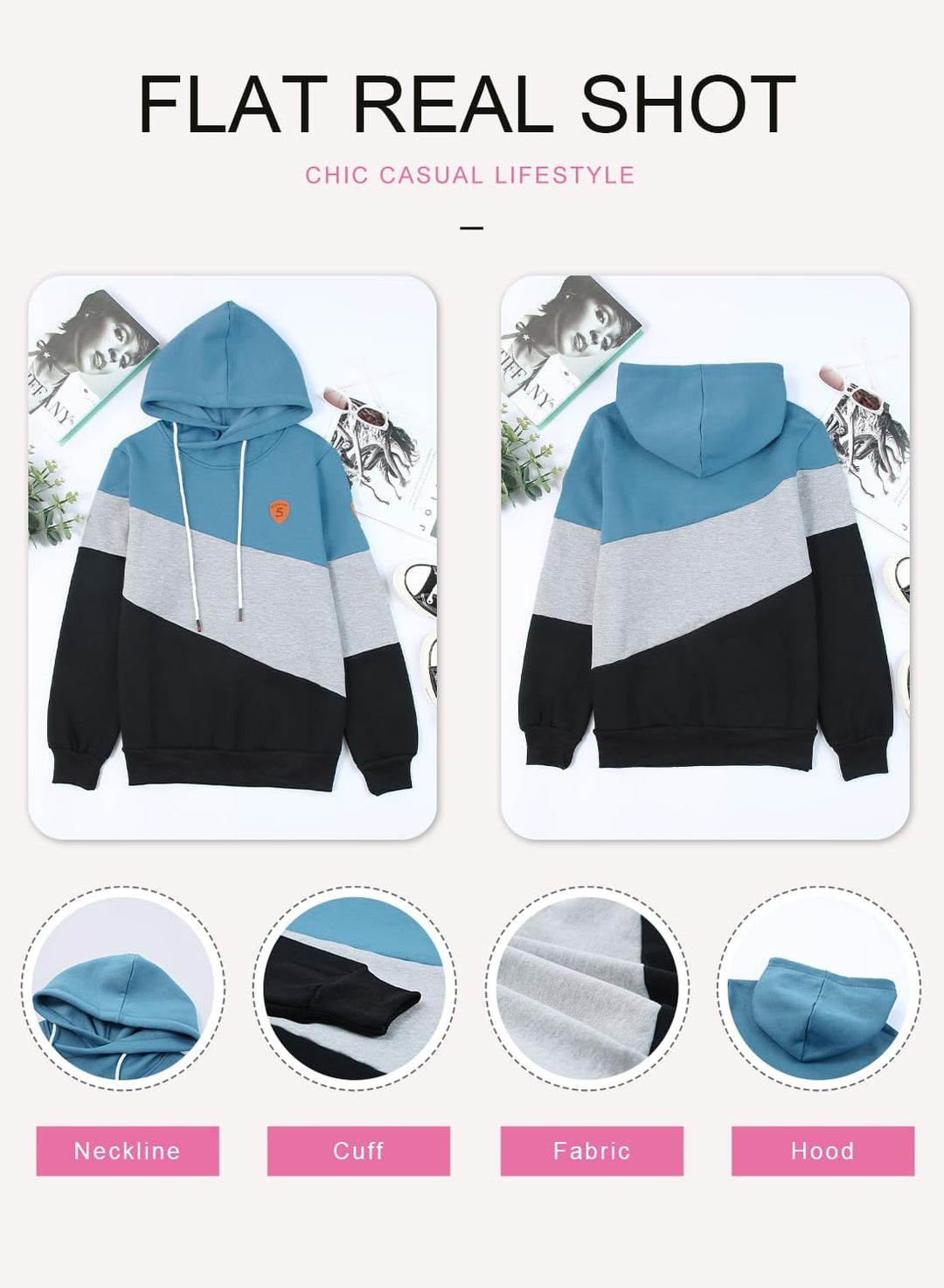 Damen Kapuzenpullover Stehkragen Hoodie Pullover Farbblock Sweatshirt Langarmshirt Oberteile für Her
