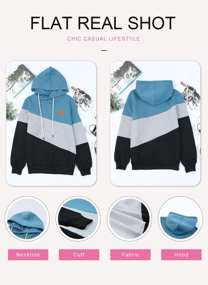 Damen Kapuzenpullover Stehkragen Hoodie Pullover Farbblock Sweatshirt Langarmshirt Oberteile für Her