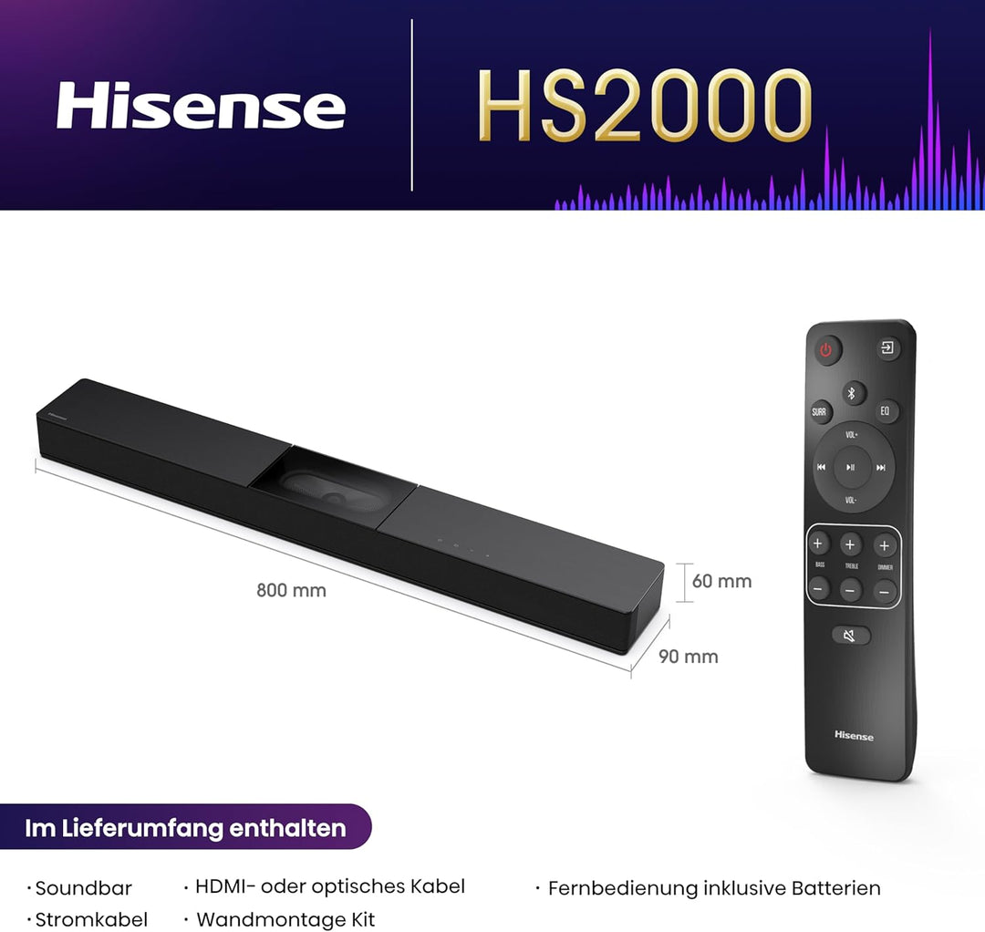 Hisense HS2000 2.1 Kanal Soundbar mit integriertem Subwoofer, 240W, Dolby Audio, Bluetooth, HDMI ARC