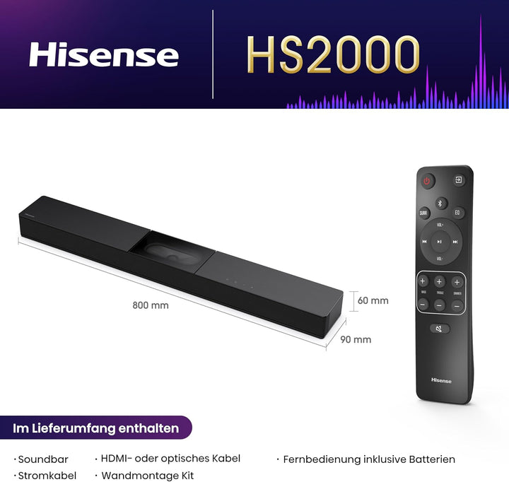 Hisense HS2000 2.1 Kanal Soundbar mit integriertem Subwoofer, 240W, Dolby Audio, Bluetooth, HDMI ARC