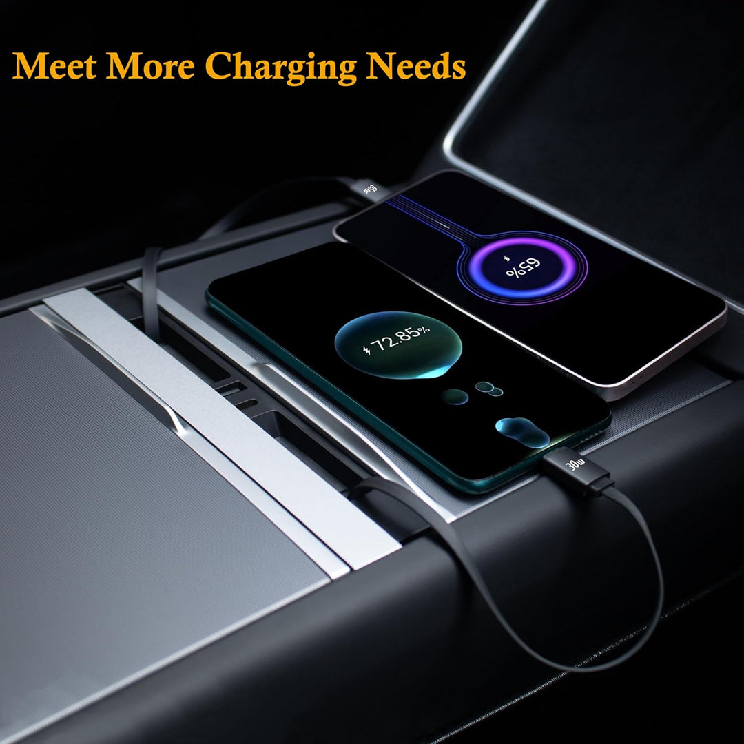 USB-Hub-Ladegerät für Tesla mit 2 Type-C einziehbaren Kabeln für Model 3 Highland 2024-2026 & Model