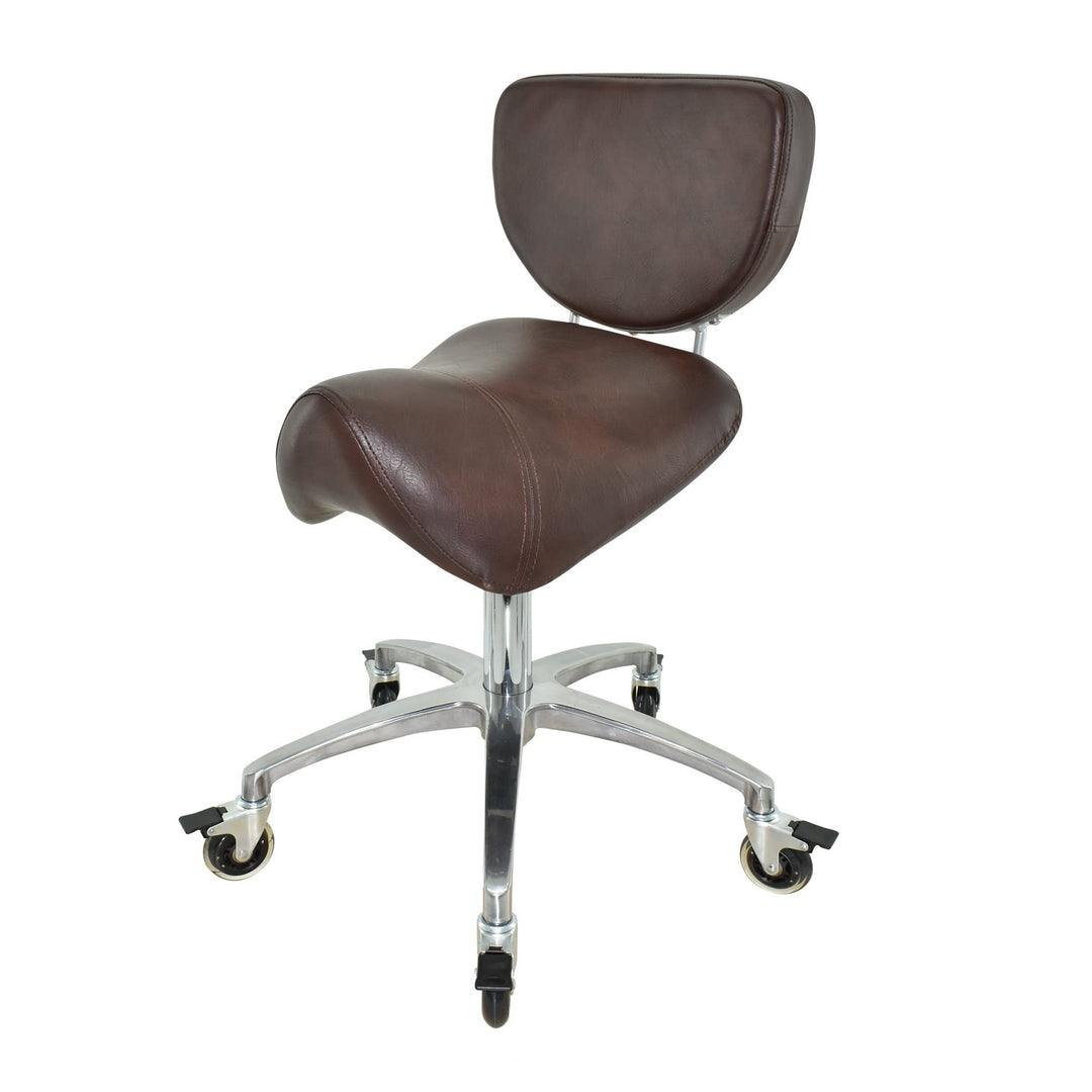 Premium Sattelhocker braun mit Bremse und Lehne, Sattelstuhl für Rückenentlastung, Rollhocker höhenv