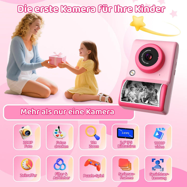 uleway Sofortbildkamera Kinder, Kinderkamera mit 2.4" Bildschirm &amp; 32GB Karte &amp; Druckpapier, 1080P H