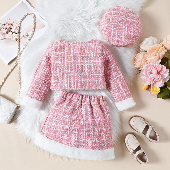 Kleinkind Baby Mädchen Herbstkleidung Plaid Tweed Muster Tops Plaid Rock Baskenmütze Baby Outfits Se