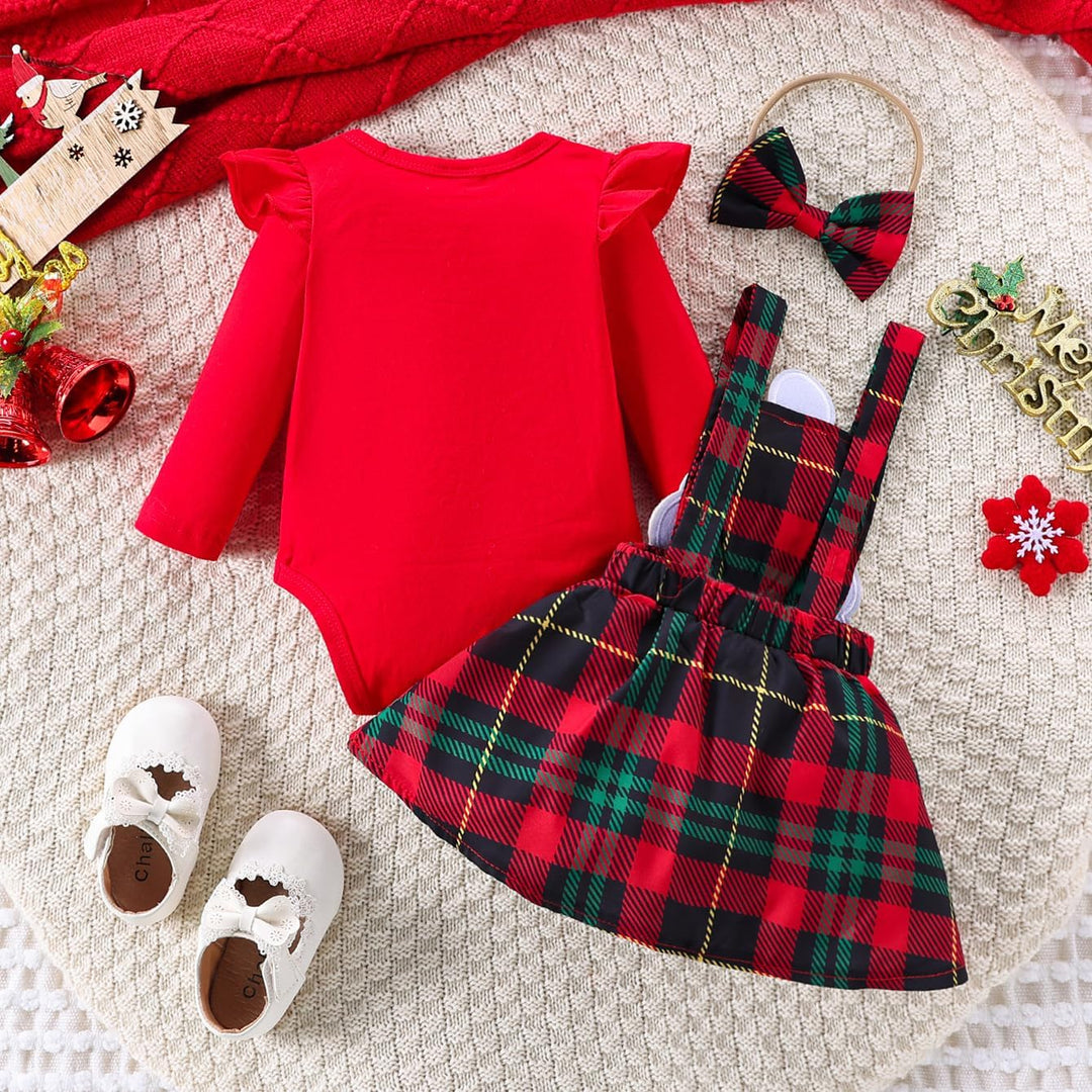 Baby Mädchen Weihnachtskleidung Langarm Strampler Hosenträger Plaid Rock Set Neugeborenen Outfit 0-3