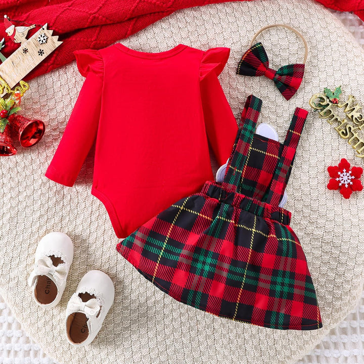 Baby Mädchen Weihnachtskleidung Langarm Strampler Hosenträger Plaid Rock Set Neugeborenen Outfit 0-3