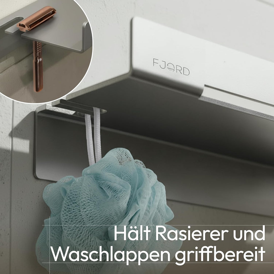 FJORD Flow Premium Duschablage ohne Bohren [Matt Silber] – Design Duschregal mit integriertem Rasier