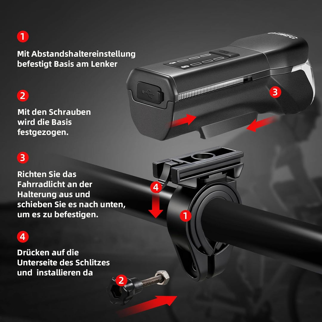 Fahrradlicht Vorne StVZO zugelassen, 4 Leuchtmodi Fahrradlampe Vorne USB-C Akku Lampe Wasserdicht IP