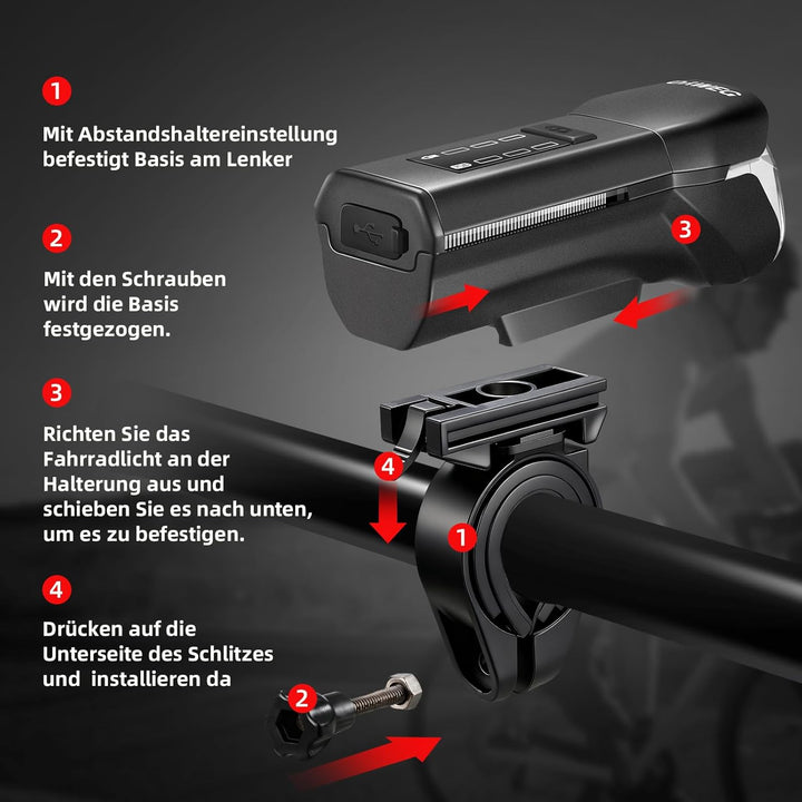Fahrradlicht Vorne StVZO zugelassen, 4 Leuchtmodi Fahrradlampe Vorne USB-C Akku Lampe Wasserdicht IP