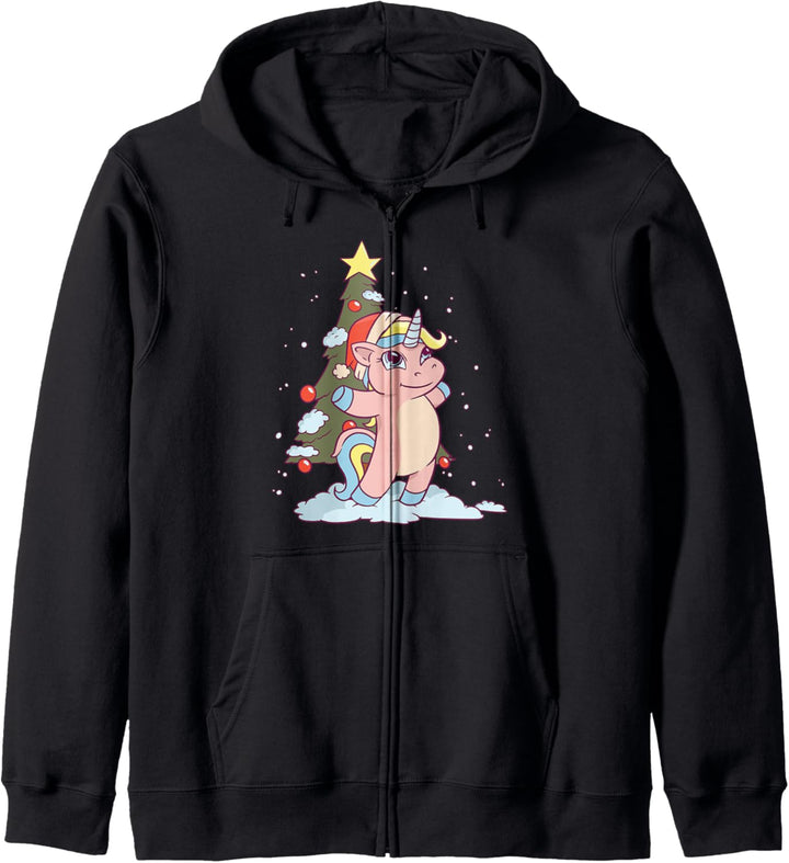 Einhorn Weihnachtsmann mit Weihnachtsbaum und Schnee Grafik Kapuzenjacke