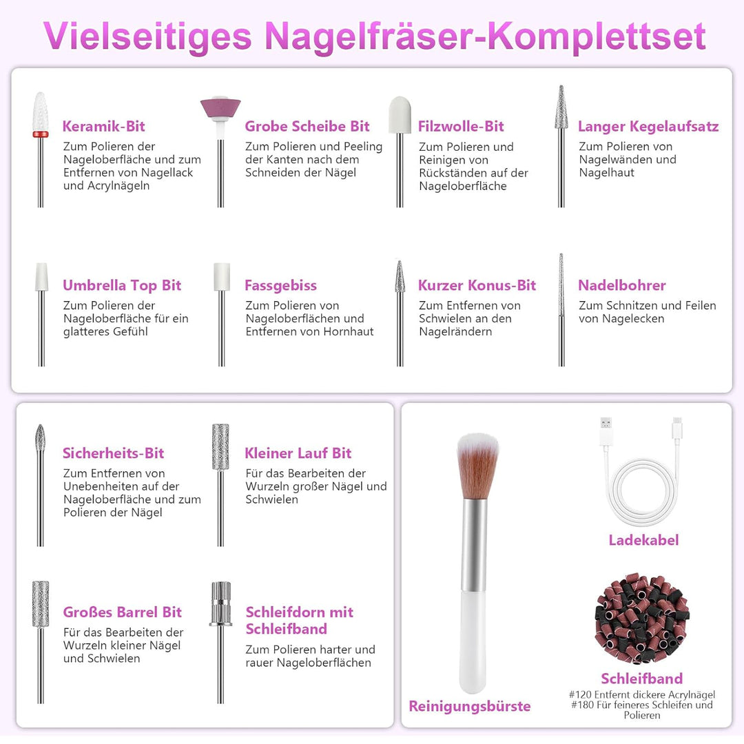 Nagelfräser Kabellose Elektrische Nagelfeile - 35000 U/Min Nagelfräser für Gelnägel, 12 IN 1 Profess