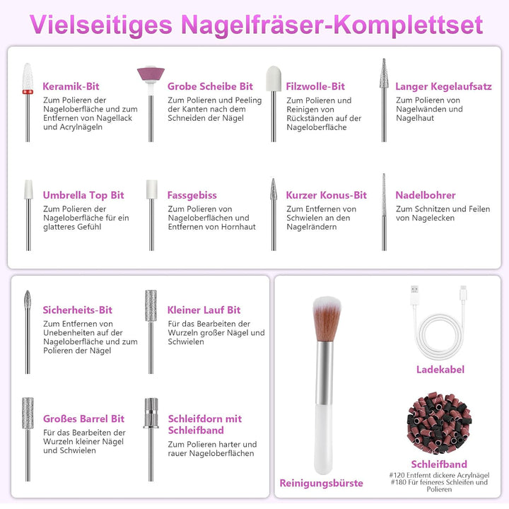Nagelfräser Kabellose Elektrische Nagelfeile - 35000 U/Min Nagelfräser für Gelnägel, 12 IN 1 Profess