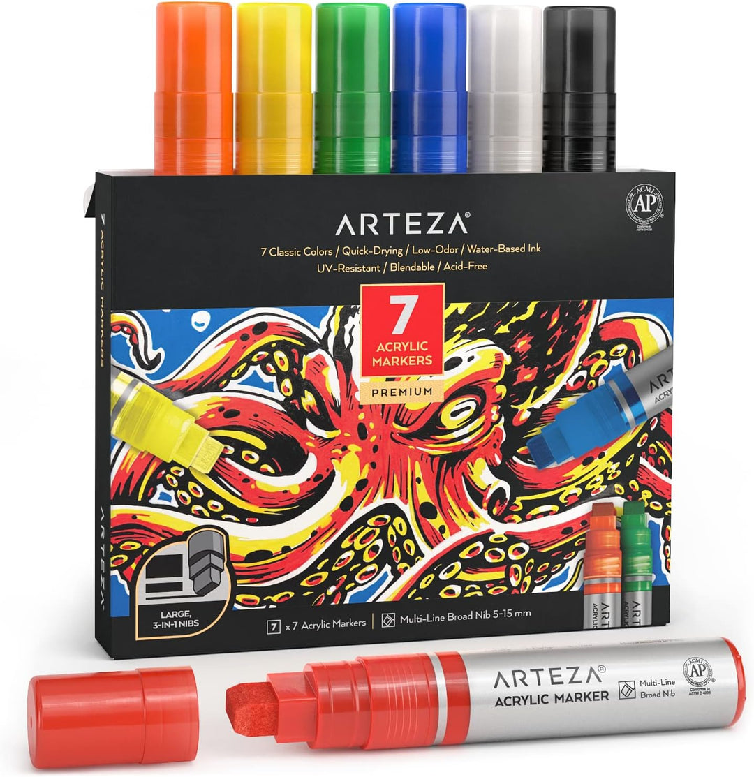 ARTEZA Acrylstifte, 7er-Set, Klassische Farben, 3-in-1-Multi-Line-Federn, 5-15 mm Strichbreite, UV-b