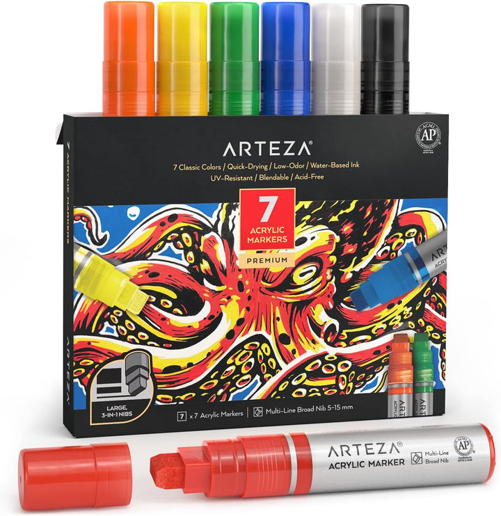 ARTEZA Acrylstifte, 7er-Set, Klassische Farben, 3-in-1-Multi-Line-Federn, 5-15 mm Strichbreite, UV-b