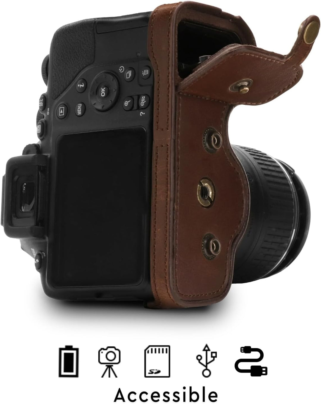 MegaGear MG1536 Nikon D3500 Ever Ready Leder Kamera-Case mit Trageriemen - Dunkelbraun, Dunkelbraun
