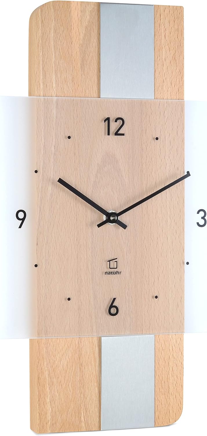 Natuhr Holz Metall Glas Wanduhr - Fusion - präzises Funk-Uhrwerk plastikfrei verpackt (Buche geölt/E