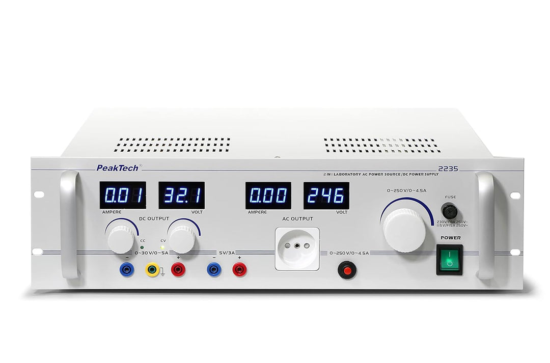 PeakTech P 2235 Trenntransformator 0-250 V AC regelbar (4,5A) und DC Labornetzgerät 0-30 V / 0-5A