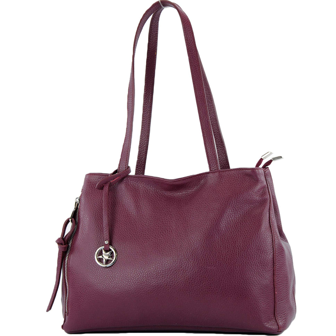 modamoda de - T205 - ital. Schultertasche Henkeltasche aus Leder Bordeauxviolett, Bordeauxviolett