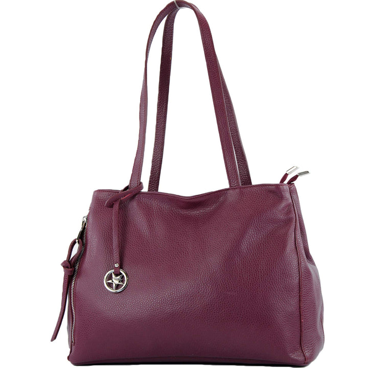 modamoda de - T205 - ital. Schultertasche Henkeltasche aus Leder Bordeauxviolett, Bordeauxviolett