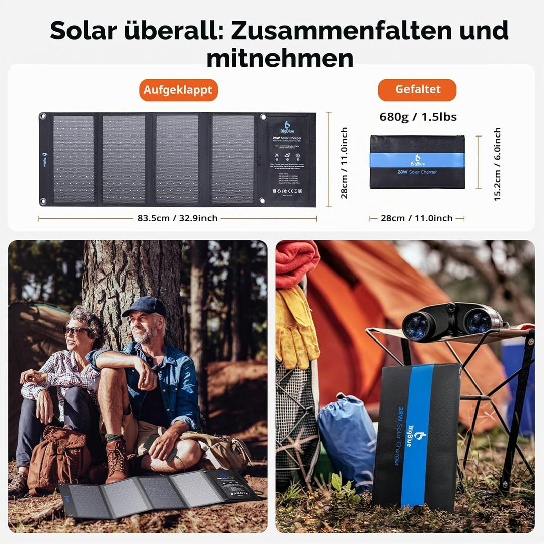 BigBlue 28W tragbar Solarladegerät mit 3 USB Port (4.8A insgesamt), Wasserdicht Solarpanel, faltbar,
