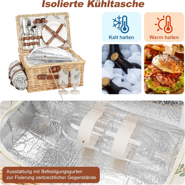 Picknickkorb für 2 Personen, Picknickkorb-Set mit Kühlfach und wasserdichte Picknickdecke, Besteck S
