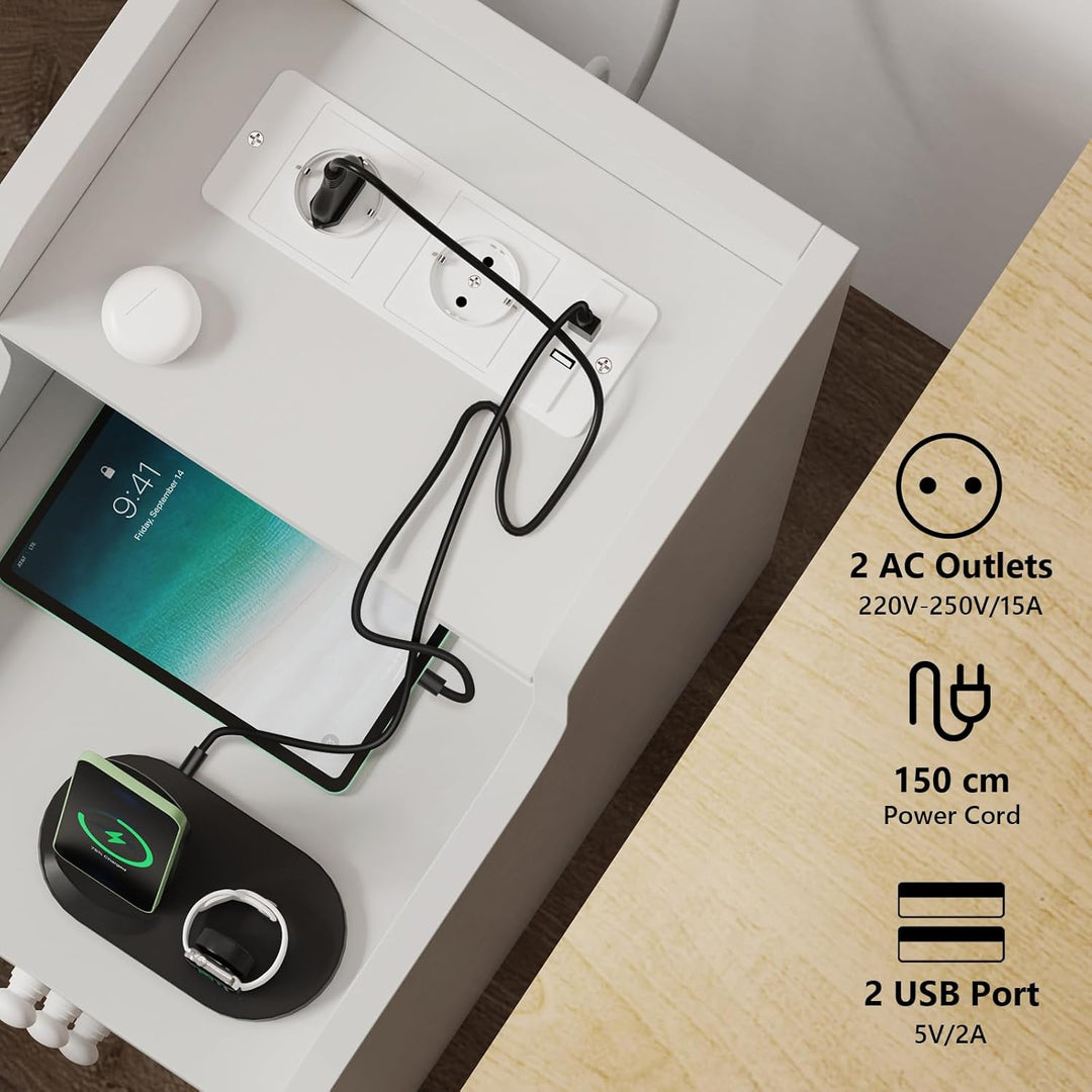 PIPIPOXER Nachttisch 2er Set mit Steckdose & USB, Schmaler Nachttisch, Nachtschrank Weiss Hochglanz