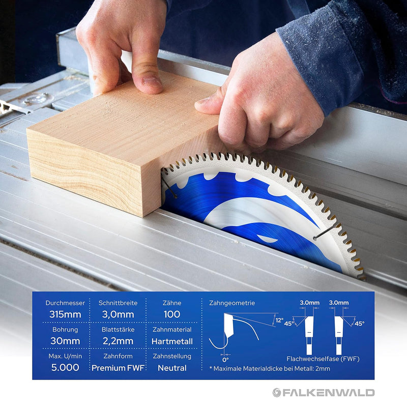 FALKENWALD ® Kreissägeblatt 315 x 30 mm - Ideal für Holz, Metall & Alu - kompatibel mit Gehrungssäge