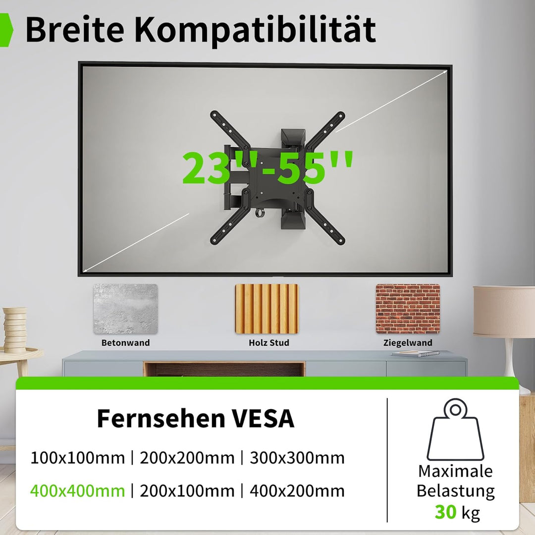 TV Wandhalter, Full Motion TV Halterung für 23-55 Zoll Flachfernseher bis 30 Kg, Wandhalter TV Halte