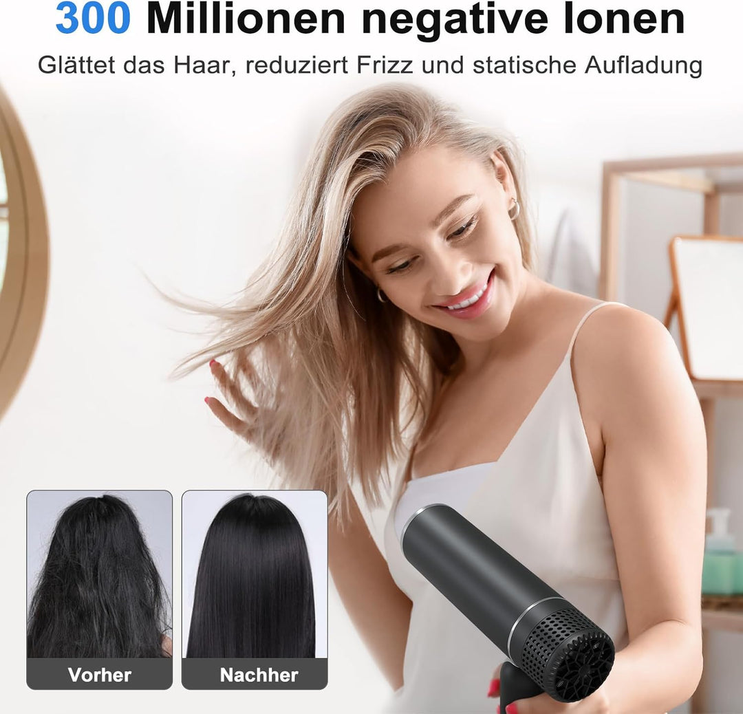 Haartrockner, 1600W Reisehaartrockner mit Diffusor und Konzentratordüse, Schwarz 2 Zubehörteile Schw