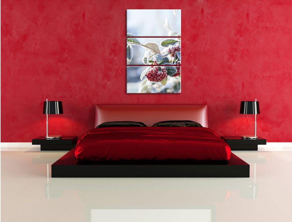Pixxprint Vogelbeeren im Winter 3-Teiler Leinwandbild 120x80 Bild auf Leinwand