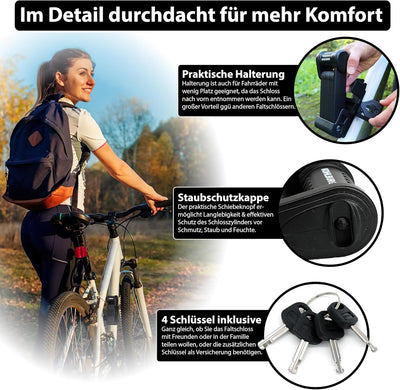 KOHLBURG Sicherheits- Faltschloss - sehr sicheres Fahrradschloss 89cm - Gliederschloss aus gehärtete