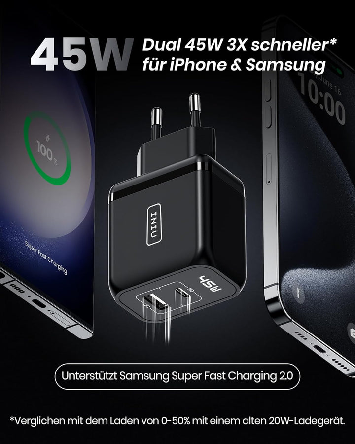 INIU USB C Ladegerät 45W, 2-Port USBC Netzteil Steack Adapter GaN II Tech Schnellladegerät PD Charge