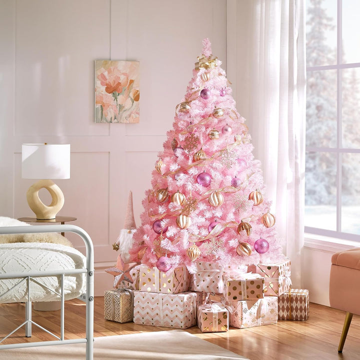Yaheetech 183 cm Künstlicher Weihnachtsbaum Rosa, Tannenbaum mit 598 Spitzen & Faltbarem Metallständ