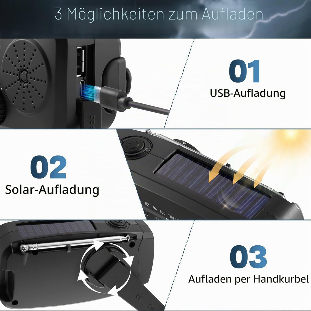 Kurbelradio, Radio mit Kurbel und Solar Notfall Ausrüstung, Notfallradio Emergency 2000mAh Power Ban