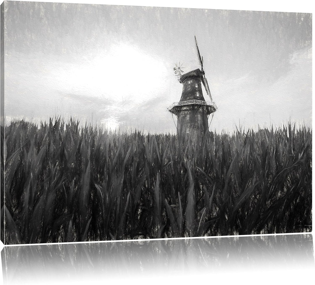 Pixxprint schöne Windmühle auf Dem Feld Kunst Kohle Effekt, Format: 100x70 auf Leinwand, XXL riesige