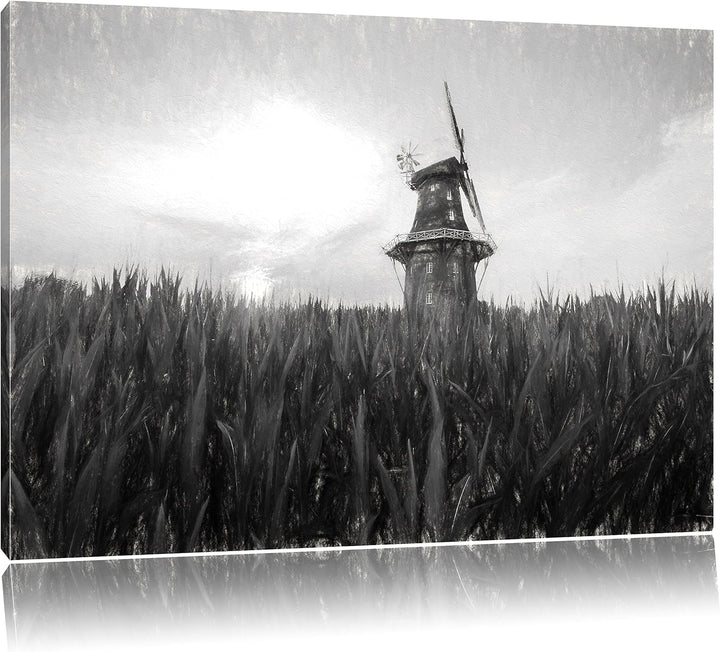 Pixxprint schöne Windmühle auf Dem Feld Kunst Kohle Effekt, Format: 100x70 auf Leinwand, XXL riesige