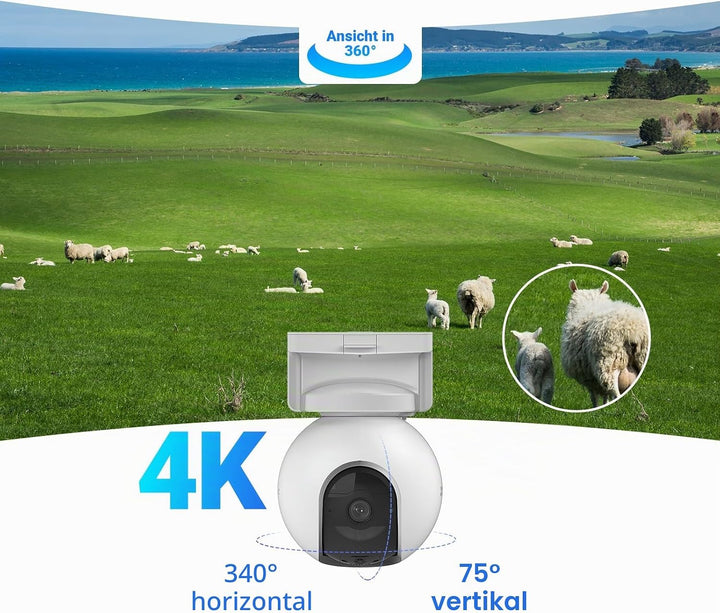 EZVIZ 4K 4G LTE Überwachungskamera Aussen Solar, 360° PTZ-Kamera mit 10400mAh Akku, 100% Kabellose,
