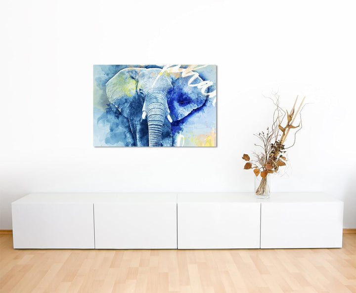 Paul Sinus Art Bild Leinwand 120x80cm Mächtiger Elefant in Blautönen mit Kalligraphie, 120x80cm