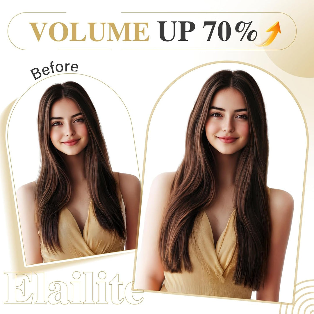 Elailite Extensions Echthaar Clip in 8 Tressen Voller Kopf #4 Mittel braun Haarverlängerung Real Hum