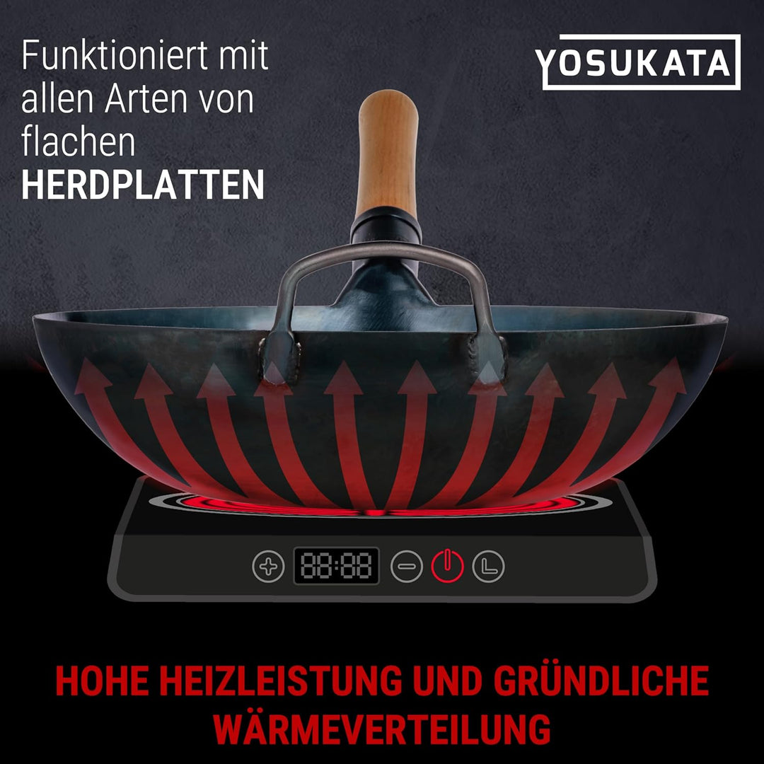 YOSUKATA Karbonstahl Woks &amp; Wokpfannen (34 cm) - Voreingebrannter Wok Pfanne Karbonstahl Flacher Bod