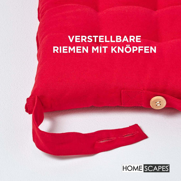 HOMESCAPES 4er Set Stuhlkissen 40 x 40 cm, rot, Sitzkissen mit Bändern und Knopfverschluss, einfarbi