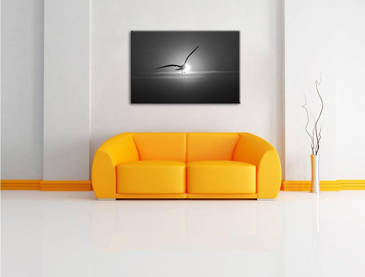 Pixxprint Möwe fliegt in den Sonnenuntergang als Leinwandbild | Grösse: 100x70 cm | Wandbild| Kunstd