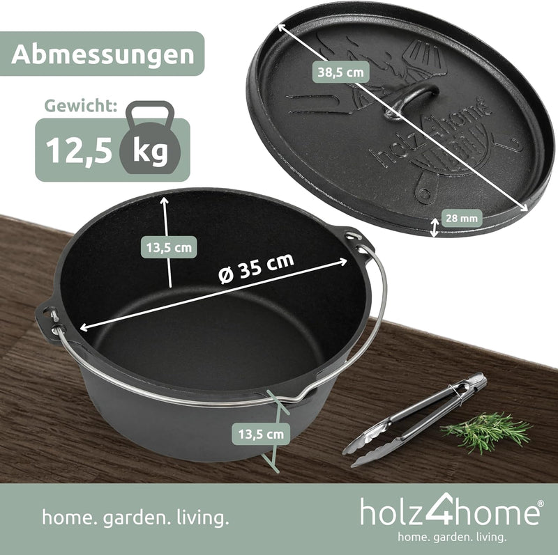 holz4home® Dutch Oven Set [12L, Ohne Füsse] I Eingebrannter Feuertopf Gusseisen I Schmortopf mit Dec