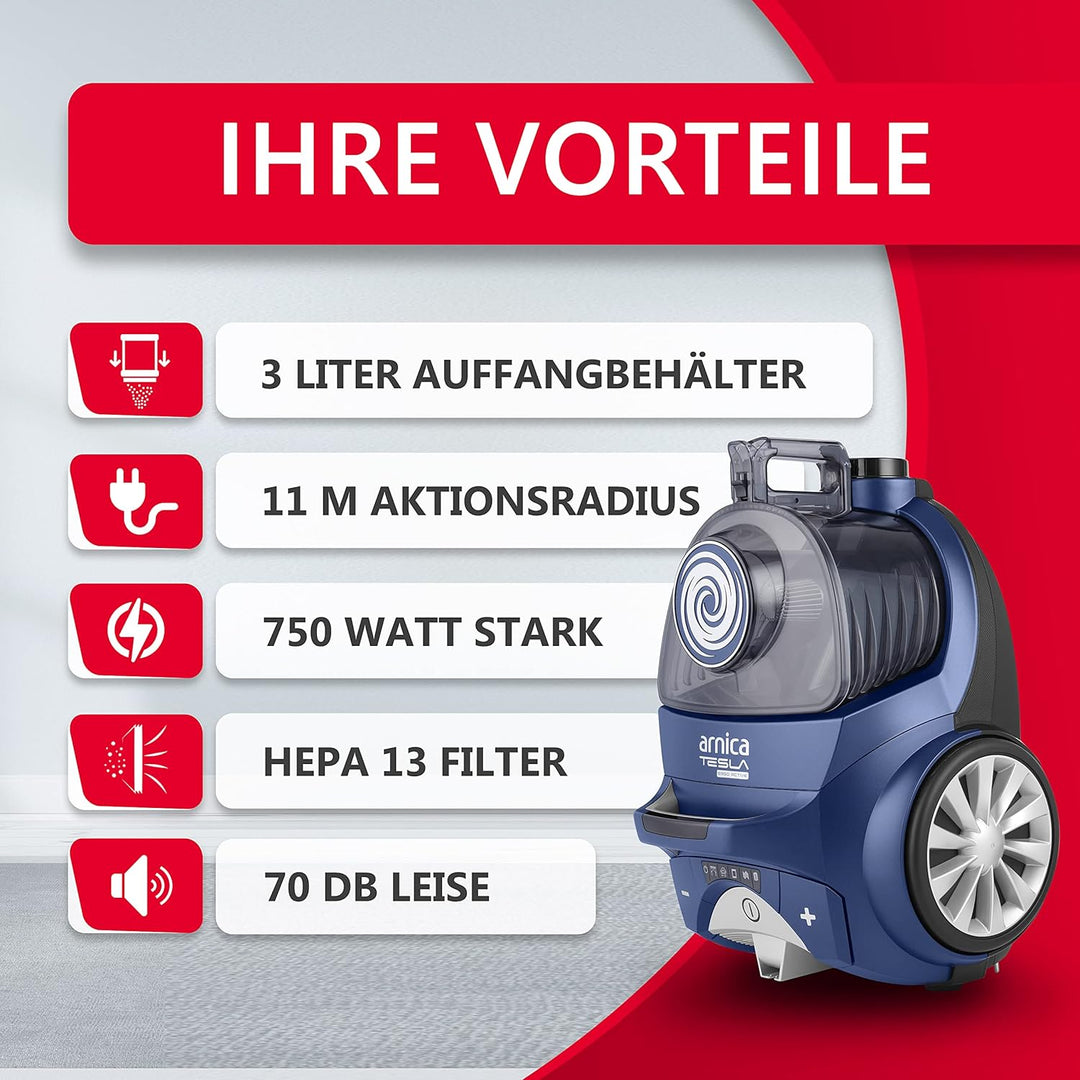 arnica - Staubsauger beutellos 750 Watt I 70dB I 5 Düsen Ideal für Tier-Haare I 3 Liter I HEPA 13 Fi