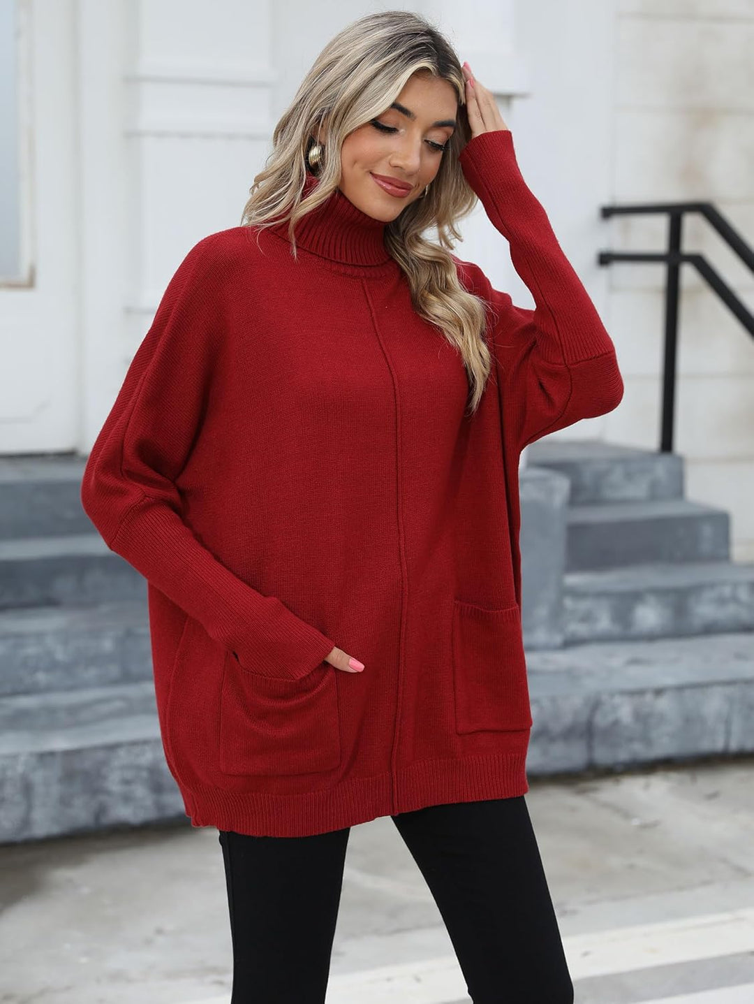 Famulily Basic Dicke Warm Herbst Winter Fledermausärmel Strick Damen Rollkragenpullover Mit Taschen