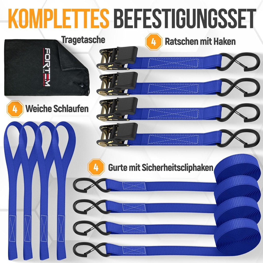 FORTEM Spanngurte, 1043 kg Bruchfestigkeit, 4 x 4,57 m Spanngurte mit Ratsche - 4 Weiche Zurrschlauf